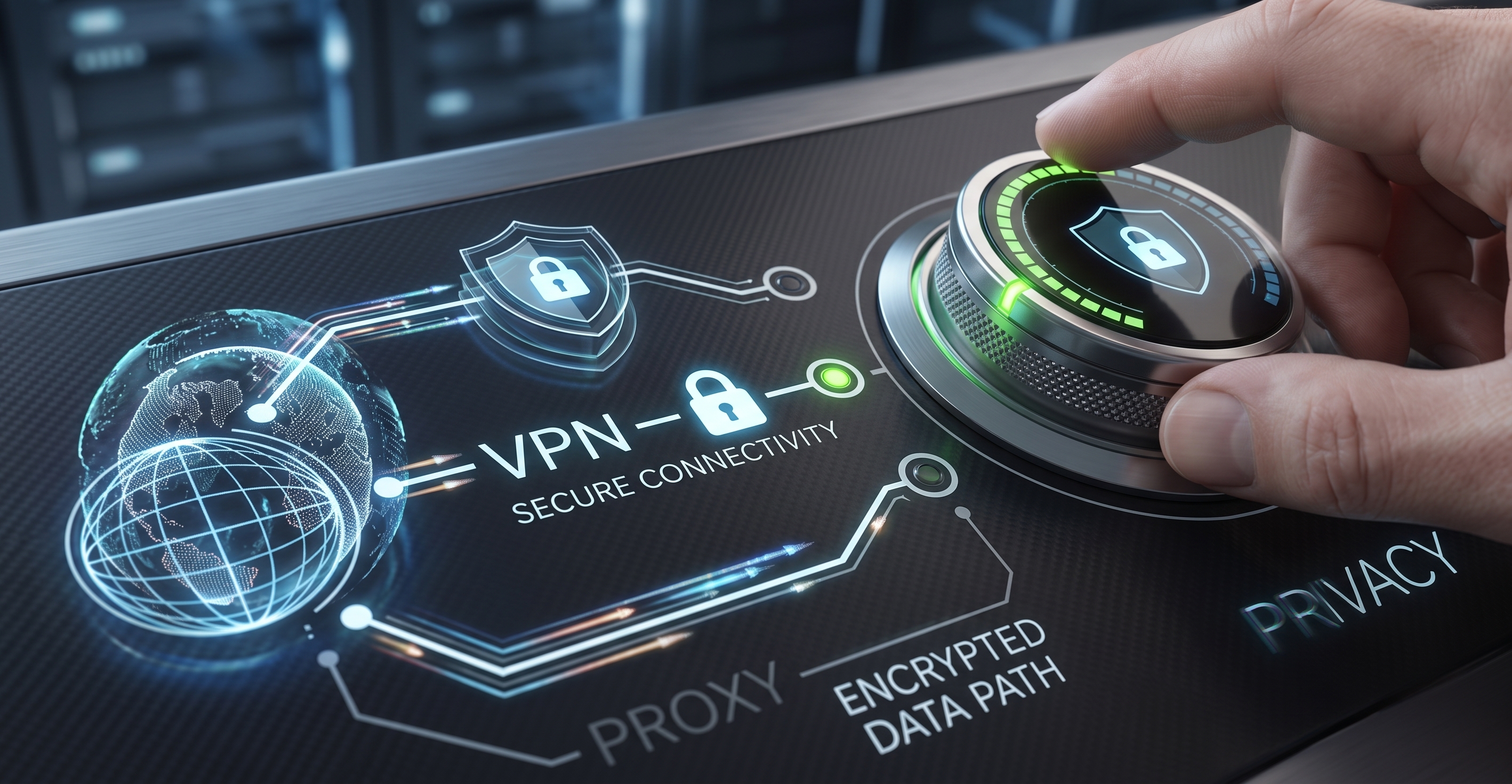 Digital illustration representing secure VPN connectivity, encrypted data paths and global privacy